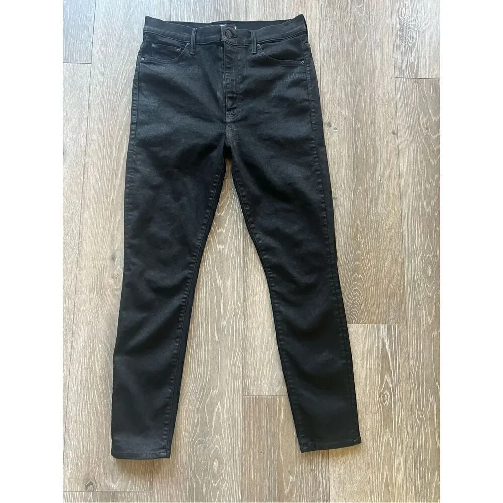 Mother Jeans - The Swooner Ankle Skinny Jeans - Black Wet Paint Coated Size 31